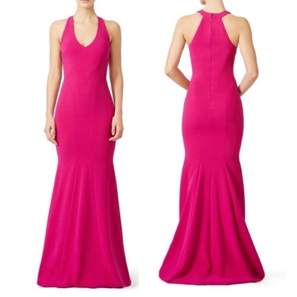 THEIA Formal Sleeveless Halter V neck MaxiMermaid Gown
Dress Fuchsia 🤍